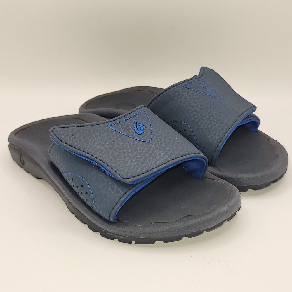 Olukai Nalu Slide Sandals Kids Size 9/10 Blue Leather Good Used Cond
